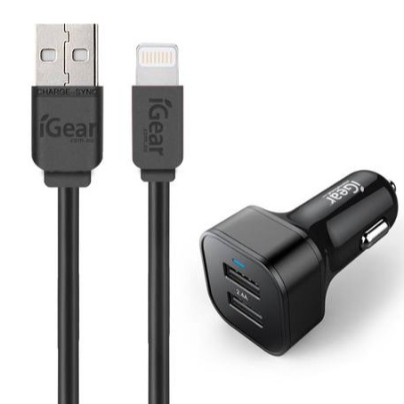 Charger Auto 2USB with Charge/Sync Cable iPhone Black - Suits iPhone 5|6|7|8|X