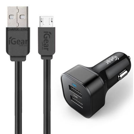 Charger Auto 2USB with Micro USB Cable Black - Suits All Micro USB Devices