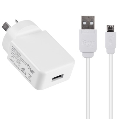 Charger 240V with Micro USB Charge/Sync Cable White - Suits All Micro USB Devices